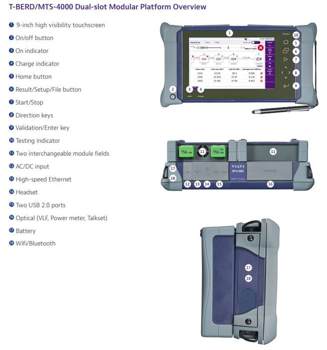 VIAVI T-BERD 4000 OTDR with [WiFi/Bluetooth Option / Power Meter and VFL Option / 4100 Module B OTDR-1310/1550/F1650 NM-APC] OPTIONS