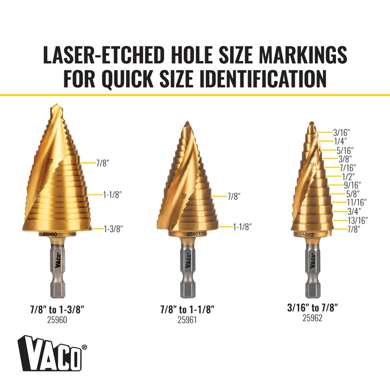KLEIN TOOLS | Step Bit Kit, Spiral Double-Fluted, VACO, 3-Piece | #25951