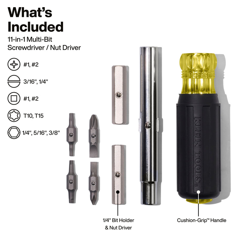 KLEIN TOOLS | 11-in-1 Multi-Bit Screwdriver/Nut Driver, Phillips, Slotted, Square, TORX® | #32500