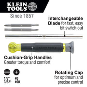 KLEIN TOOLS | Multi-Bit Electronics Screwdriver, 4-in-1, Phillips, Slotted Bits | #32581