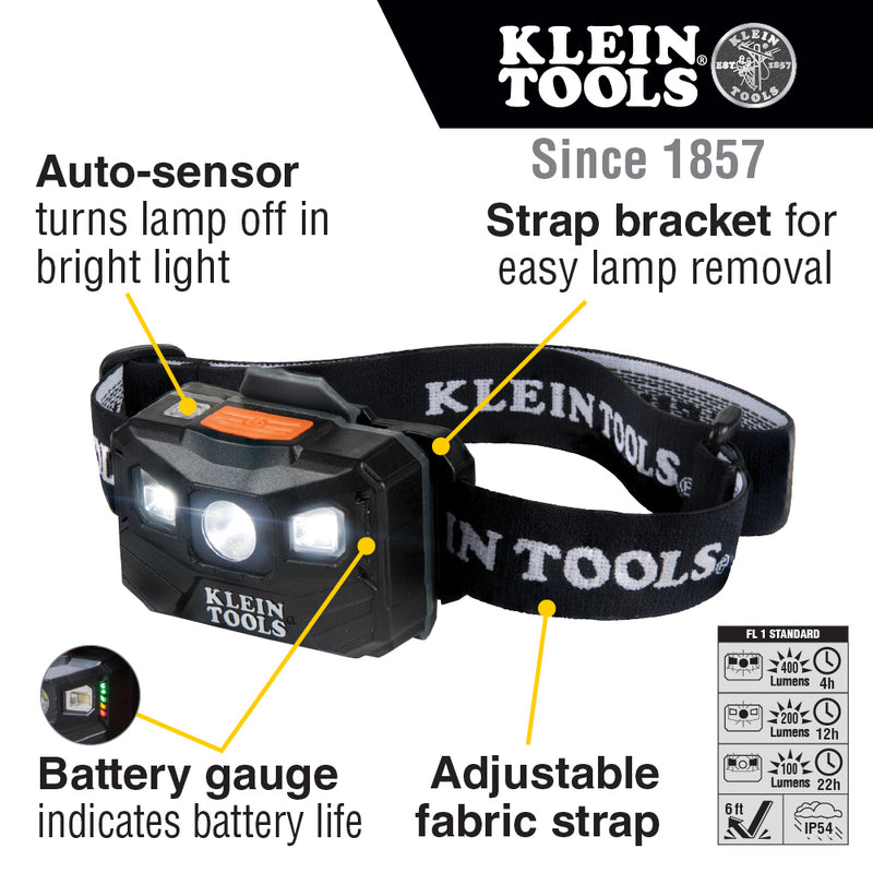 KLEIN TOOLS | Rechargeable Headlamp with Fabric Strap, 400 Lumens, All-Day Runtime | #56048