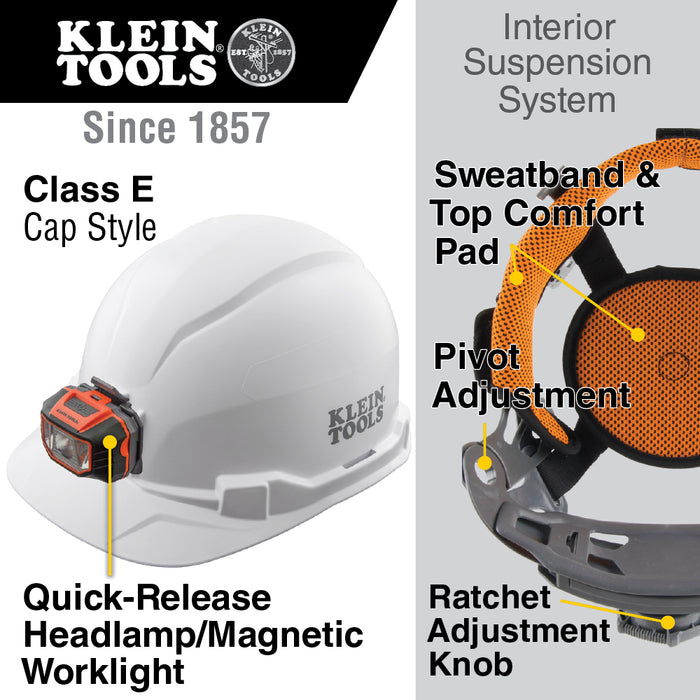 KLEIN TOOLS | Hard Hat, Non-Vented, Cap Style with Headlamp, White | #60107