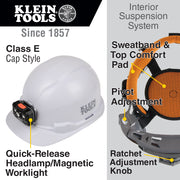 KLEIN TOOLS |  Hard Hat, Non-Vented, Cap Style with Rechargeable Headlamp, White | #60107RL