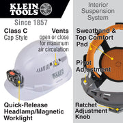 KLEIN TOOLS |  Hard Hat, Vented, Cap Style with Rechargeable Headlamp, White | #60113RL