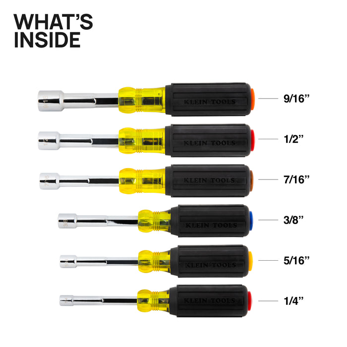 KLEIN TOOLS | Color-Coded Hollow-Shaft Heavy-Duty Nut Driver Set, 6-Piece | #65456