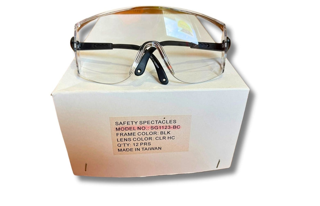 DESTINY SOLUTIONS | ADJUSTABLE, CLEAR SAFETY GLASSES WITH BLACK TEMPLES  (12 PK) - FITS OVER PRESCRIPTIONS | #SG1123-BC-BOX