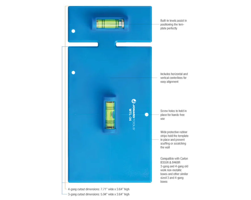 JONARD | Wall Box Template & Level for Non-Metallic Boxes, 3-Gang and 4-Gang | #WTL-34