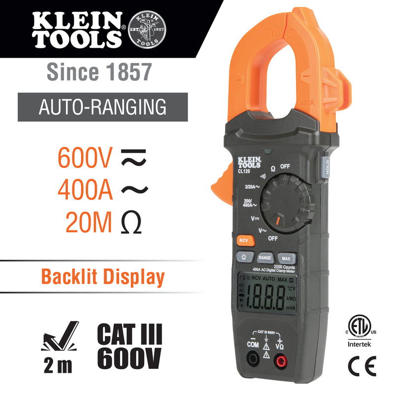Klein Tools | Digital Clamp Meter, AC Auto-Ranging 400 Amp | #CL120