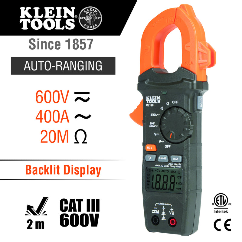 KLEIN TOOLS | Digital Clamp Meter, AC Auto-Ranging 400 Amp | #CL120