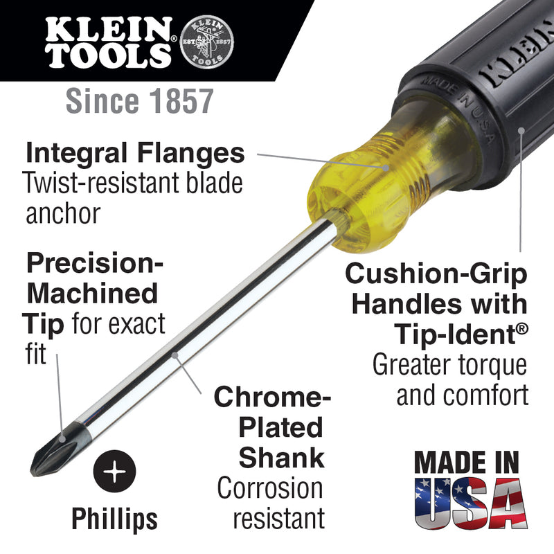 KLEIN TOOLS | #3 Phillips Screwdriver, 6-Inch Round Shank | #603-6