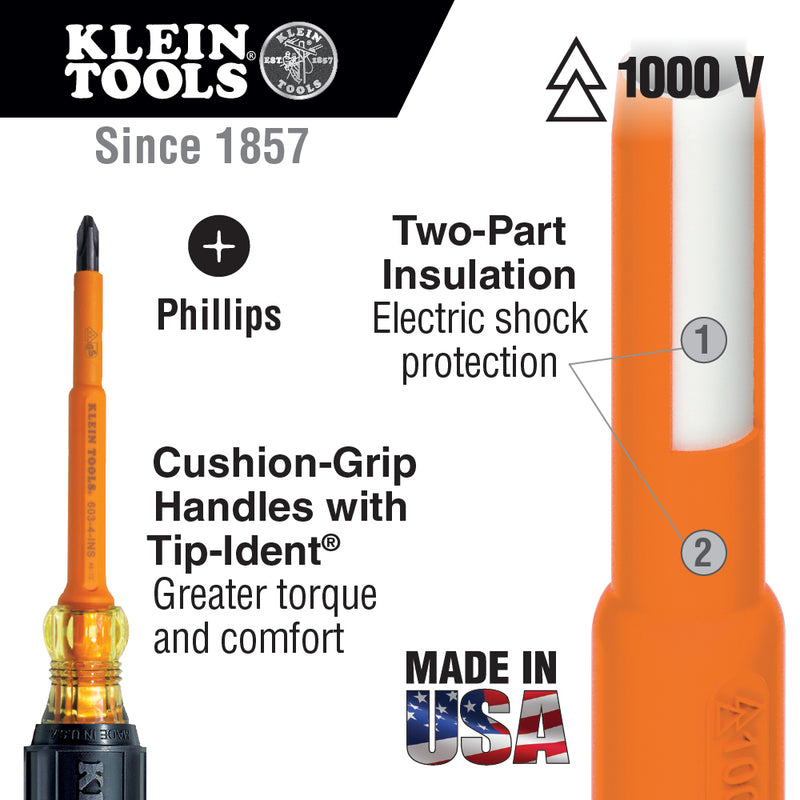 Klein Tools | Insulated Screwdriver, #2 Phillips, 4-Inch Round Shank | #603-4-INS