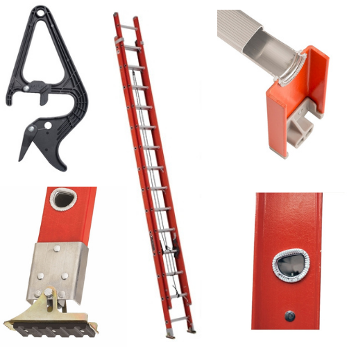 LOUISVILLE LADDER | 28' Fiberglass Extension with LEVELER, V-Rung Pole Grip &amp; STRAND/CABLE HOOKS | #FE3228-E03E34