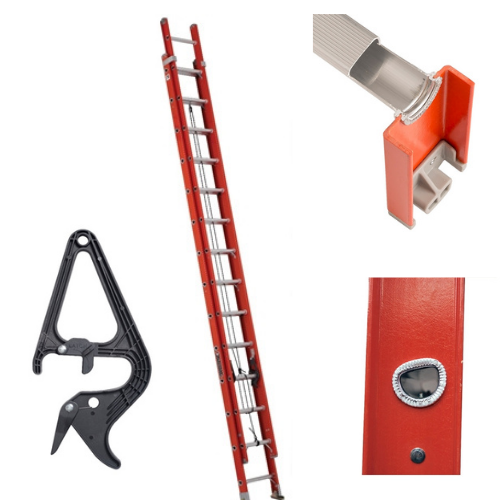 Louisville Ladder FE3228-E03 28' Fiberglass Extension Ladder V-Rung Pole Grip & Strand/Cable Hooks