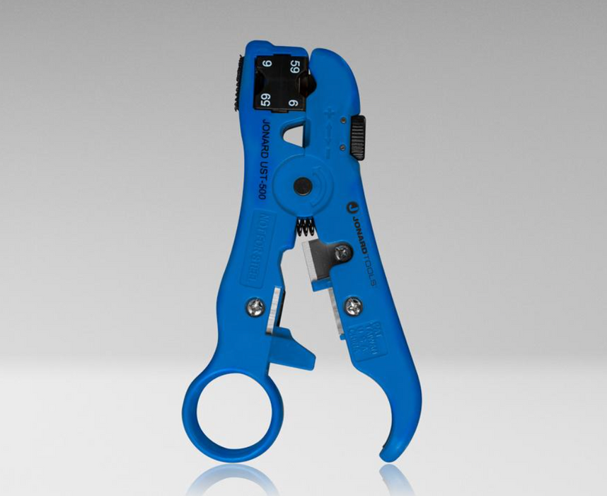 UST-596 - Universal Cable Stripping Tool with Cable Stop for COAX, Network, and Telephone Cables